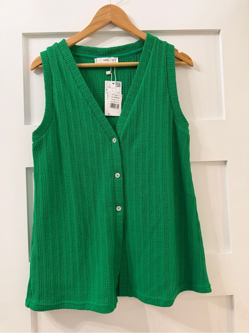 Mango Bright Green Ribbed V-Neck Button Tank